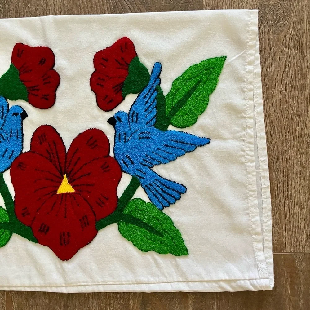 Embroidered Pillow with Birds and Flowers 17/26 inches